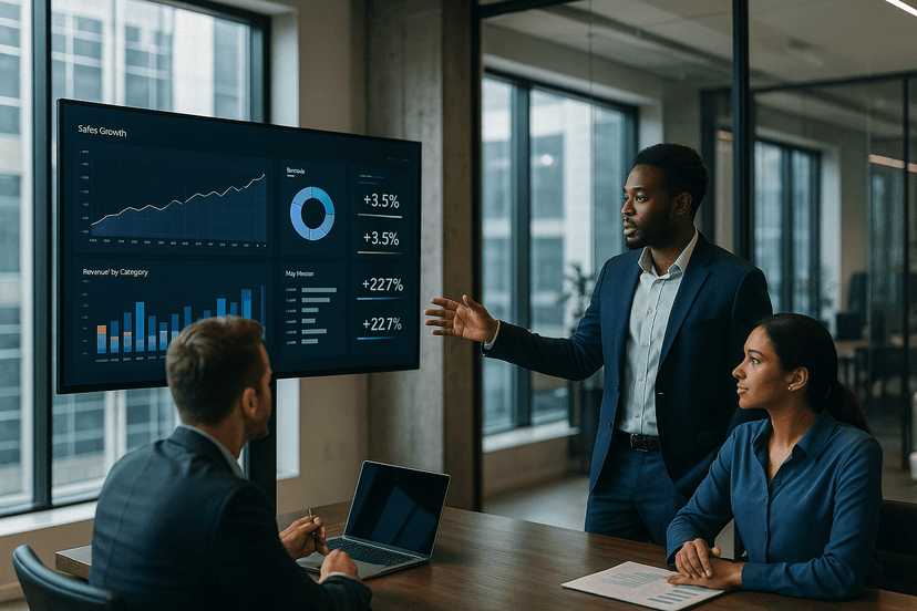 Executives in a meeting, reviewing data from and intranet application